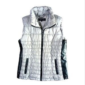 Black rivet grey and black faux leather puffer vest women's size Large